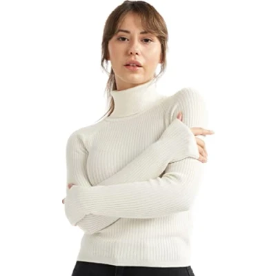 Image of alsestudio Women`s Turtle Neck Jumper Premium Quality Silk Touch Long Sleeve Soft Ribbed Pullover Essential Knitted Roll Sweaters Off White, L
