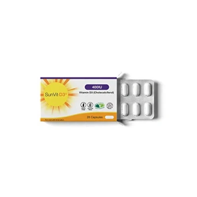 Image of SunVit D3 Vitamin D 400 IU Capsules Cholecalciferol 28 Daily Supports The Maintenance of Bone, Teeth, Muscles &amp; Immune System with Made in UK