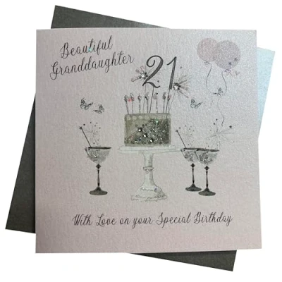 Image of WHITE COTTON CARDS Granddaughter 21st Birthday Card, Pink, Sparkly Cake &amp; Glasses, Handmade BD13