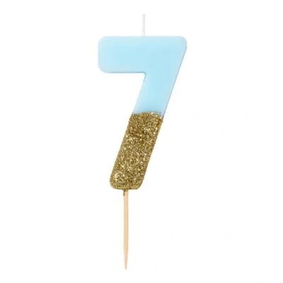 Image of Blue Number 7 Birthday Candle with Gold Glitter Premium Quality Cake Topper Decoration Pretty, Sparkly For Kids, Adults, Boys, 7th, 70th Party, Anniversary, Milestone Age