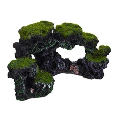 Image of Relaxdays Aquarium Decoration, Mossy Rocks, Natural Look, Fish Tank Ornament, Shells, HxW 8.5 x 17 cm, Black/Green, Polyresin, Pack of 1