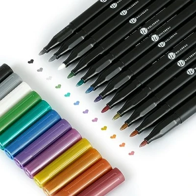 Image of welsberg Metallic Markers, 12 Colours Pens Set with 1 2 mm Fine Tip, Glitter Markers for Coloring, Scrapbooking, Stones, Cards, Black or White Paper, DYI Photo Album, Wood, Arts, Crafts, etc