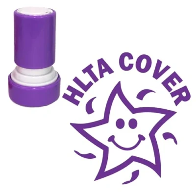 Image of HLTA Cover, Self Inking Teacher Stamp (High Level Teaching Assistant). 22mm, Purple Ink, Cute Smiley Star Design