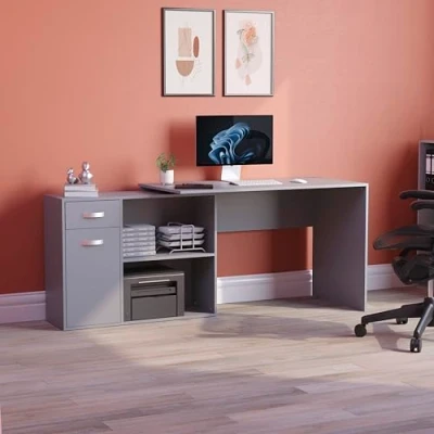 Image of Vida Designs Longton Adjustable, L Shaped Computer Desk with Shelves, Drawer and Door, Home Office PC/Laptop Table, Gaming Study Workstation, Furniture, Grey