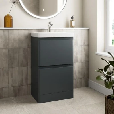 Image of Affine® 500mm Vanity Unit Wash Basin Sink Bathroom Floor Standing Storage Cabinet Cupboard Cloakroom, Soft Close Drawers, Anthracite Grey