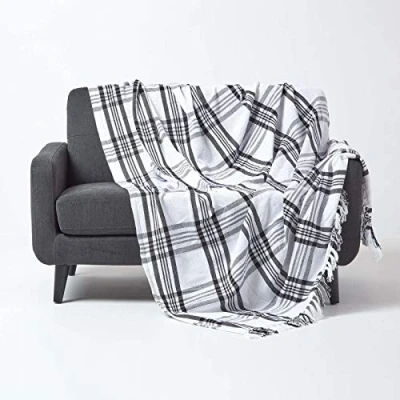 Image of HOMESCAPES Extra Large White &amp; Black Tartan throw 100 x 140 Inches or 254cm 355cm, 100% Cotton Sofa for 3 Seater and 4 Settees Sofas