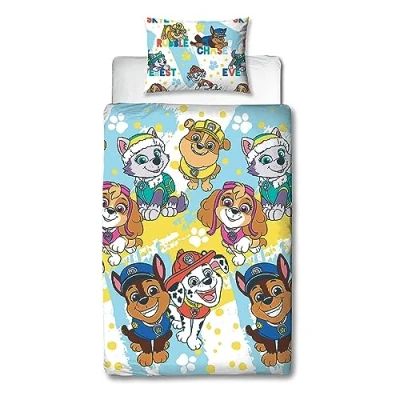 Image of Character World Paw Patrol Official Single Childs Duvet Cover Set Splodge Design Reversible 2 Sided Bedding Including Matching Pillow Case Brands Bed
