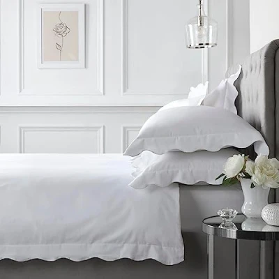 Image of Appletree Boutique Scallop Edge 100% Cotton Duvet Cover Set Super King Bed Size in White