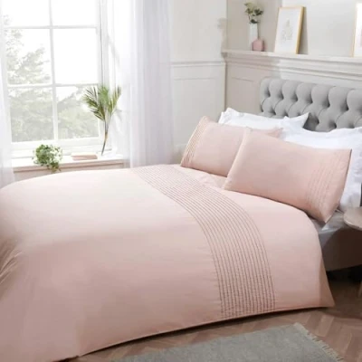 Image of Sleepdown Pintuck Pleated Striped Panel Blush Pink Luxury Easy Care Soft Cosy Duvet Cover Quilt Bedding Set with Pillowcases King (220 cm x 230 cm)