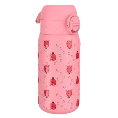 Image of Ion8 Kids Water Bottle, Steel 400 ml/13 oz, Leak Proof, Easy to Open, Secure Lock, Dishwasher Safe, Flip Cover, Carry Handle, Clean, Durable, Metal Raised Print, Lady Bugs Design
