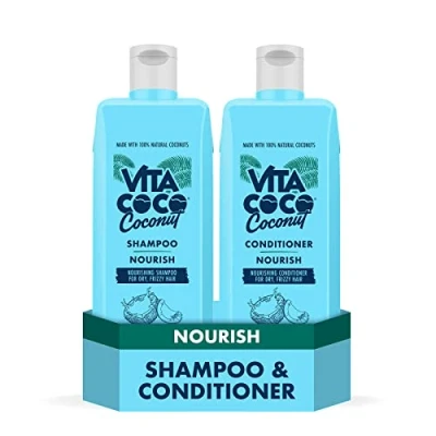 Image of Vita Coco Nourish Shampoo and Conditioner Bundle (2x400ml) for dry frizzy hair, protects repairs the hair with 100 Percent natural coconuts, suitable all types