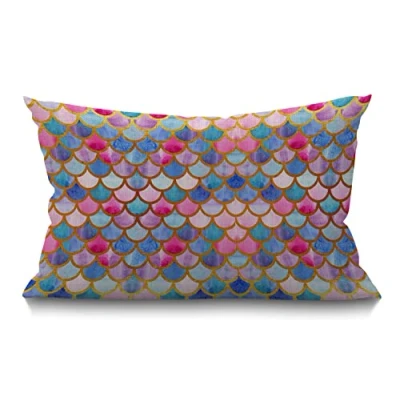Image of BGBDEIA 30cmx50cm Cushion Cover Rustic Farmhouse Decor Mermaid Scales Pillowcases Cotton Linen Watercolor Fish Throw Pillow Case for Sofa Couch Bedroom,12 x 20 Inch
