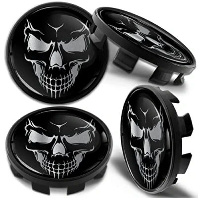Image of Biomar Labs 4 x 68mm Wheel Centre Alloy Hub Center Caps Compatible with BMW 36136783536 Hubcaps Black Silver Skull CB 48