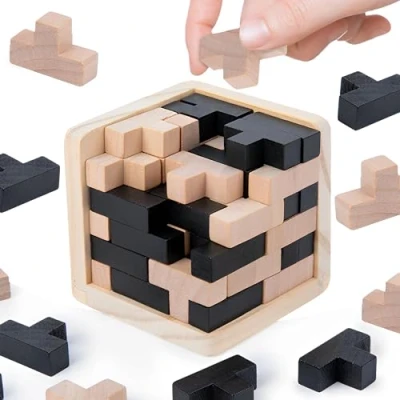 Image of MINGZE Wooden Puzzles Brain Teaser Toy 54 T shaped Tetris Blocks Geometric Intelligence Game Sphere For Adults/Kids