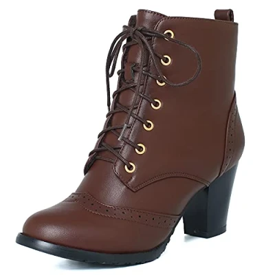 Image of Onewus Women Chelsea Boots with Pointed Toe and Block Heel Lace Up Brown