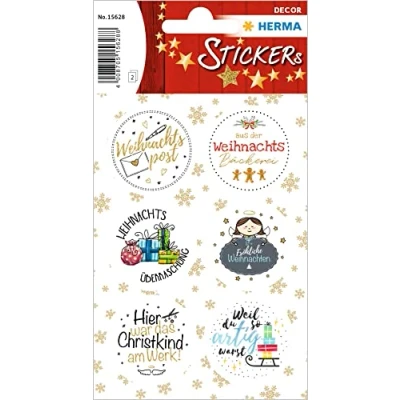 Image of HERMA 15628 Christmas Stickers, Post (12 Paper, Glitter) Self Adhesive Decoration, Permanent Labels for Christmas, Gifts, Crafts, Advent Calendar, Colourful