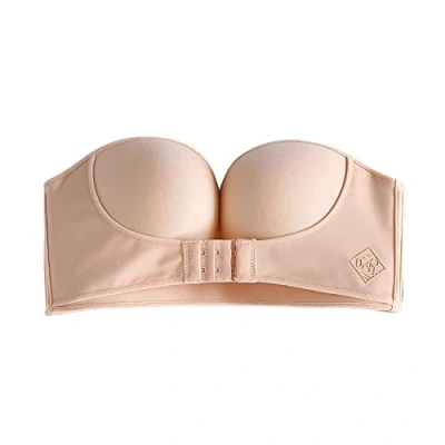 Image of FFWTPY Women Strapless Front Buckle Bra Push Up Slightly Padded Bandeau Plus Size Wirefree Invisible Tube Top for Girl Beige