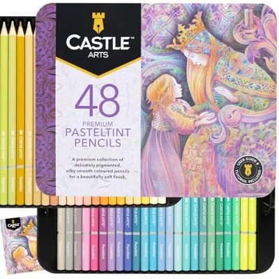 Image of Castle Art Supplies 48 Pasteltint Coloured Pencils Set Quality Colours in Softer, Sumptuous Tones For Professional and Adult Artists Protected Organised Presentation Tin Box
