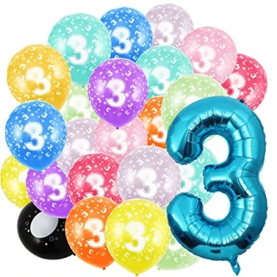 Image of 3nd Birthday Balloons,Blue Number 3 Balloon and 20pcs 12&quot; Multicoloured Numbers Printed Latex Age Balloons,Birthday Balloons for Girls Boys Decorations,3nd Anniversary Party Supplies