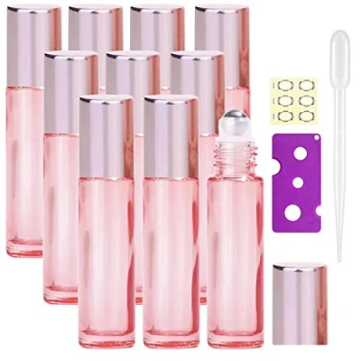 Image of Alledomain 10Pcs, 10ml Essential Oil Roller Bottles Refillable Transparent Rose Gold Glass Roll on Clear with Stainless Balls &amp; Cap, Include Label, Dropper Opener