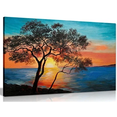 Image of Tree Near The Lake at Sunset Oil Painting Canvas Wall Art Picture Print (18x12in)