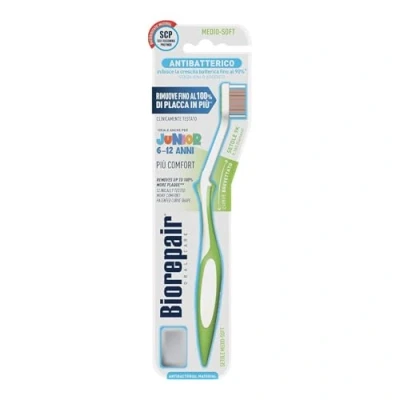Image of Biorepair, Junior Toothbrush, Children Toothbrush 6 12 Years, Clinically Tested, with Medium Soft Bristles, Patented Curved Shape, Antibacterial, Removes Up to 100% More Plaque