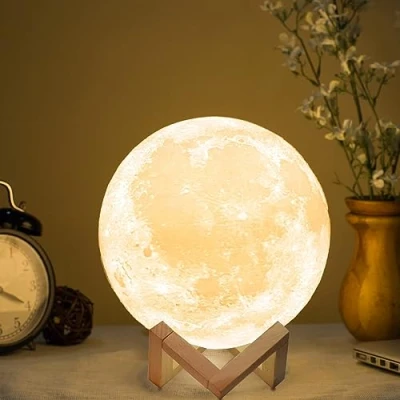 Image of Methun 3D Moon Lamp with 7.1 Inch Wooden Base Mothers Day LED Night Light, Mood Lighting Touch Control Brightness for Home Décor, Bedroom, Birthday Gifts Woman Kids White &amp; Yellow