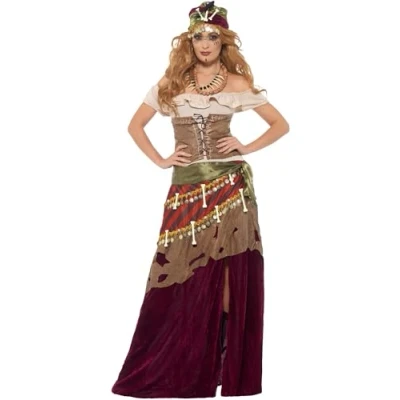 Image of Smiffys Deluxe Voodoo Priestess Costume, Multi Coloured with Dress, Sash, Hat &amp; Necklaces, Halloween Adult Fancy Woman Dress Up Costumes