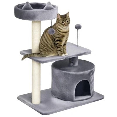Image of PawHut Mult level Cat Tree Scratch Post Scratcher Climbing Tower Kitty Activity Center Condo Perch Jumping Platforms Grey 61L x 41W 81H cm