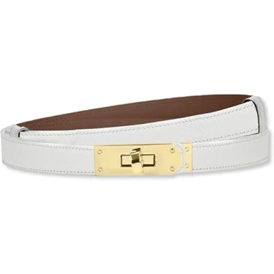 Image of baizhong Women Skinny Leather Belt Classic Solid Color Alloy Turn Lock Ladies Adjustable Slim Thin Waist （White/Gold）
