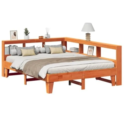 Image of vidaXL Bookcase Bed Solid Pinewood Storage with Slatted Base &amp; Ample Wax Brown 140x200 cm (No Mattress)