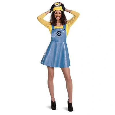 Image of Disguise 119119B Costume for Women, Official Minions Stuart Outfit with Skirt Goggles and Hat Despicable Me Adult Sized, Cartoon, Blue, M (8 10)