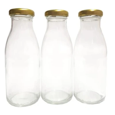 Image of Britten &amp; James 250ml Retro Glass Milk Bottles with Gold Lids (Pack of 3). Cute and Practical for Homemade Yoghurts, Decoration Weddings