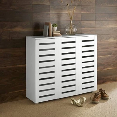 Image of Home Source Oslo Oak Shoe Storage Wooden Cabinet Rack Stand Cupboard Hallway Furniture, MDF, White, 3 Door