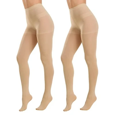 Image of MANZI 2 Pairs 70 Denier Women&#039;s Tights Stretch Run Resistant Opaque Control Top Tights(2 Nude, S)