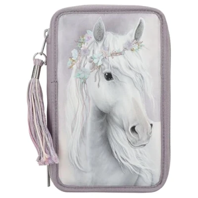 Image of Depesche 13126 Miss Melody Fantasy Horse Filled 3 Compartment Pencil Case in Pale Purple, with Motif and Glitter, Colouring Pencils, Ruler, Scissors etc.