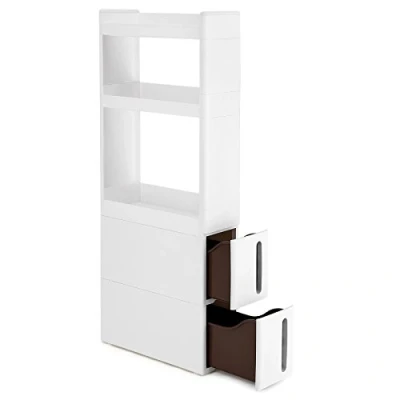 Image of SONGMICS Narrow 3 Shelves 2 Drawers Recess Cabinet with Wheels for Kitchen Bathroom and Cellar 17cm Wide White KFR06WT