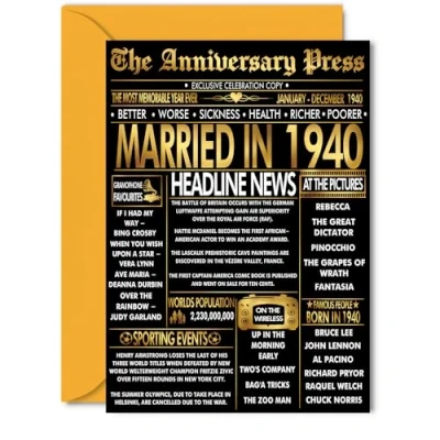 Image of Gold 85th Anniversary Card for Women Men Golden Newspaper Married in 1940 Happy 85 Year Wedding Partner Wife Companion Husband, 5x7 Inch Anniversaries Greeting Cards
