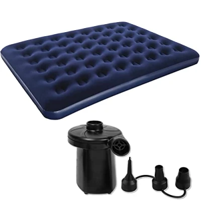 Image of Crystals Large Flocked Airbed Inflatable Camping Blow Up Mattress Air Bed And Electric Pump, Blue (Queen (U.K. Standard) + Pump)