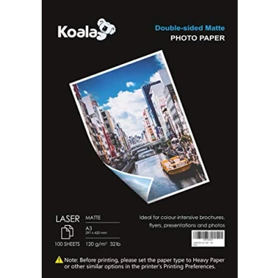 Image of KOALA Double Sided Matte Laser Photo Paper A3, 120gsm, 100 Sheets. Suitable for Printer, Printing Photos, Brochures, Covers, Certificates, Booklets, Flyers, Leaflets, Cards, Calendars