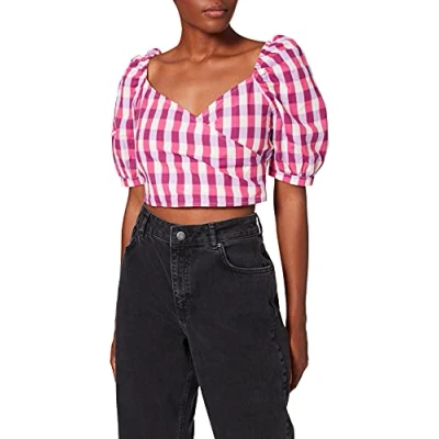 Image of NA KD Puff Sleeve Wrap Blouse, Pink Check, EU 40