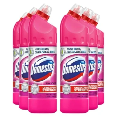 Image of Domestos Thick Bleach Pink Power Multi Purpose Disinfectant Anti Bacterial Surface Cleaner Gel Limescale Remover for Toilet, Bathroom and Kitchen, 750ml (Buy 6)