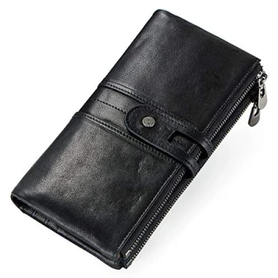 Image of Genuine Leather Wallet Womens ID Card Coin Phone Holder Multifunction Clutch Zipper Trifold Purse (Black)