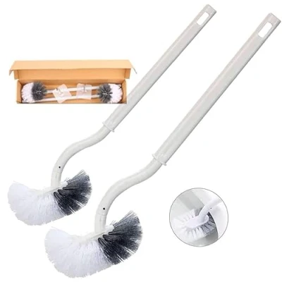 Image of toilet brush, brush with edge cleaner, upgrade curved long handle, plastic set strong bristles for deep cleaning (2 pieces (with hook))