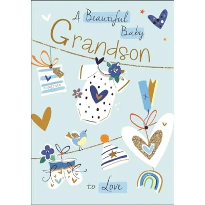Image of New Baby Grandson Congratulations Card Beautiful Clothes and Love Hearts Design Special Finishes Illustrated Insert Leaf Made in the UK