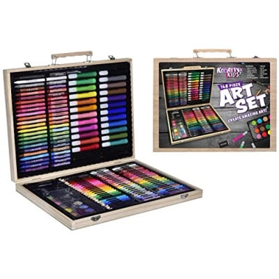 Image of KandyToys Kreative Kids 168 Piece Traditional Wooden Art Set Fold Out Box with Pens; Pencils; Crayons