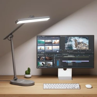Image of Honeywell LED Desk Lamp for Home Office H4 Sunturalux™ Eye Caring Light, 14W Dimmable Table with 3 Color Modes, 5 Brightness Levels, Auto Dimming, Timer, Touch Control Reading Lamp, Grey