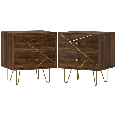 Image of HOMCOM Bedside Tables Set of 2, Modern Side Table with 2 Drawers and Steel Hairpin Legs, Nightstand for Bedroom, Brown Wood Grain