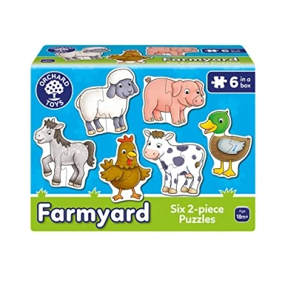 Image of Orchard Toys Farmyard Jigsaw Puzzles, Six Puzzles in a box, 2 Piece For Toddlers Ages 18mths +, First Puzzle, Develops Hand Eye Coordination
