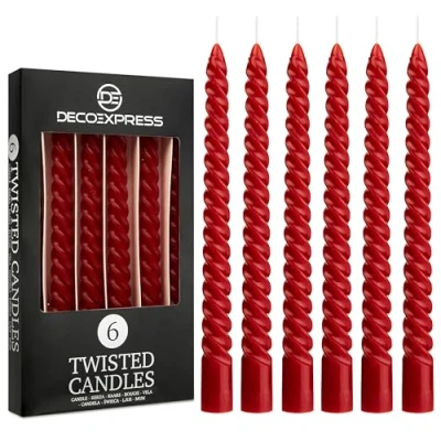 Image of Dinner Candles Pack 3 or 6 Twisted White Red Gold Coloured Spiral Non Drip Long Lasting Hours Burn Scented (Red, of 6)